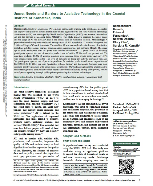 Unmet Needs and Barriers to Assistive Technology in the Coastal Districts of Karnataka, India