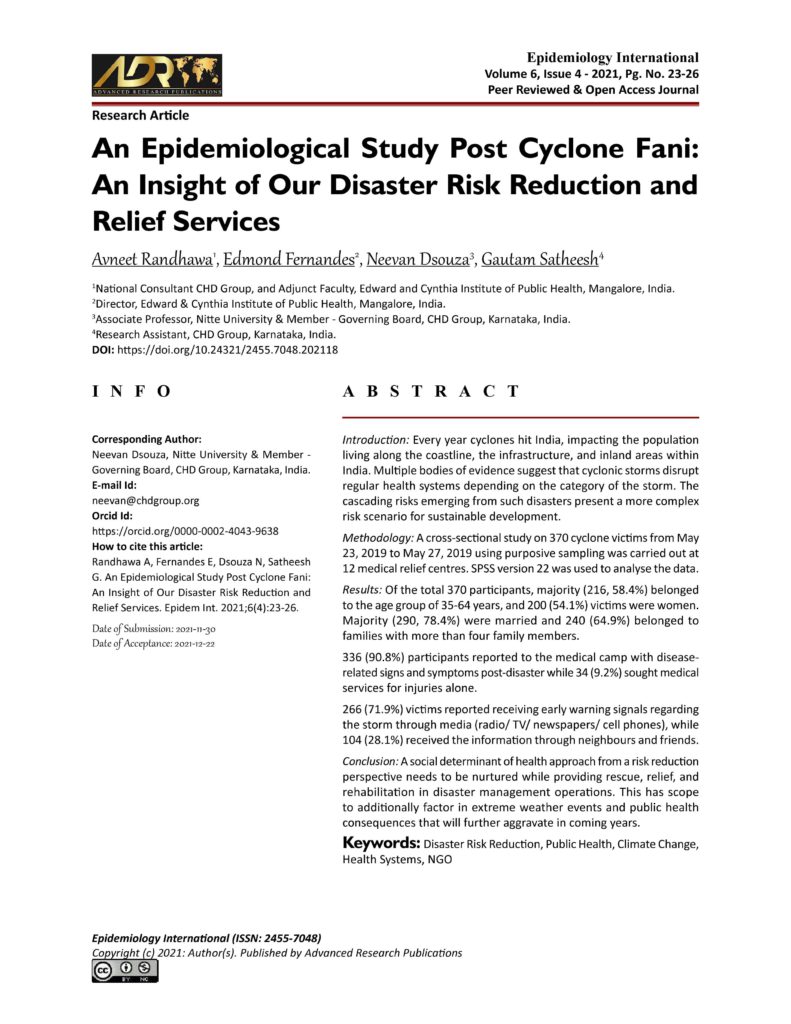 An Epidemiological Study Post Cyclone Fani: An Insight of Our Disaster Risk Reduction and Relief Services
