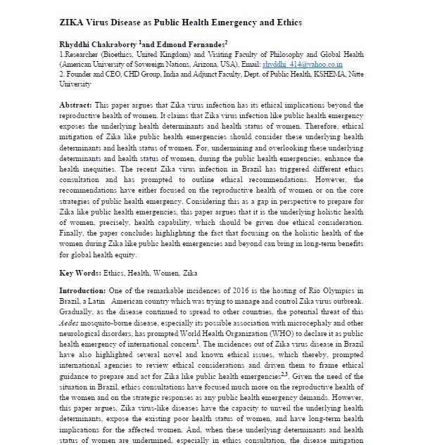 ZIKA Virus Disease as Public Health Emergency and Ethics