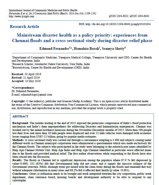Mainstream disaster health as a policy priority: experiences from Chennai floods and a cross sectional study during disaster relief phase
