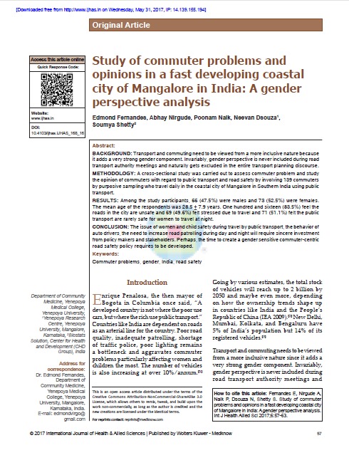 Study of commuter problems and opinions in a fast developing coastal city of Mangalore in India: A gender perspective analysis